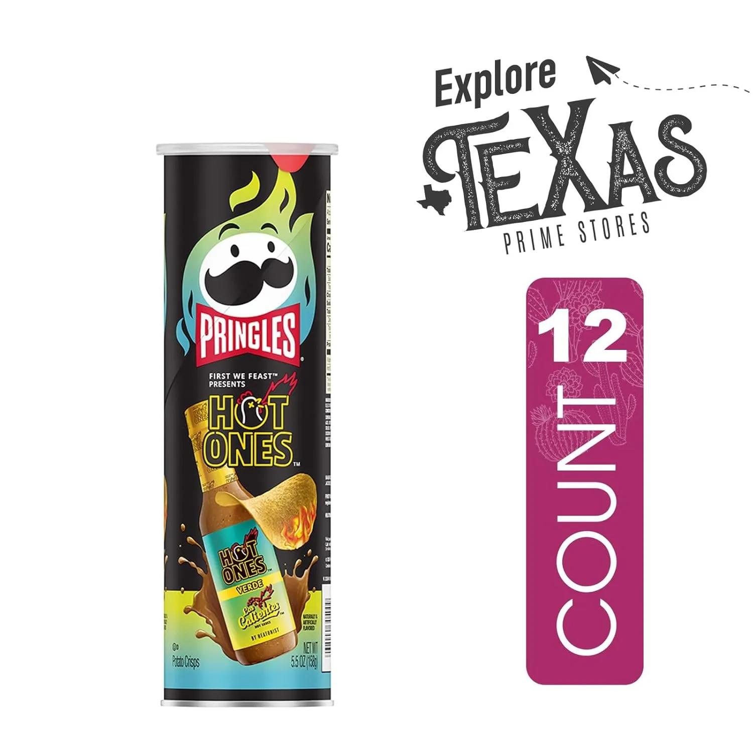 Pringles 12- Count of Hot Ones Verde Los Calientes Potato Crisps Chips, On-The-Go Lunch Snack 5.5 oz Can   1 Freebie by Lavinia Essentials Brand