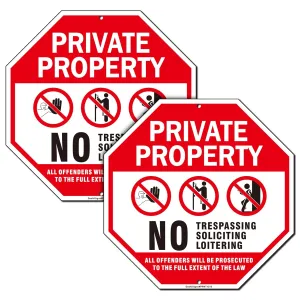 Private Property & No Trespassing Sign - 2Pack No Loitering Sign, 12"x12" Aluminum, Rust Free, Reflective, Fade Resistant, UV Protected, Easy to Mount