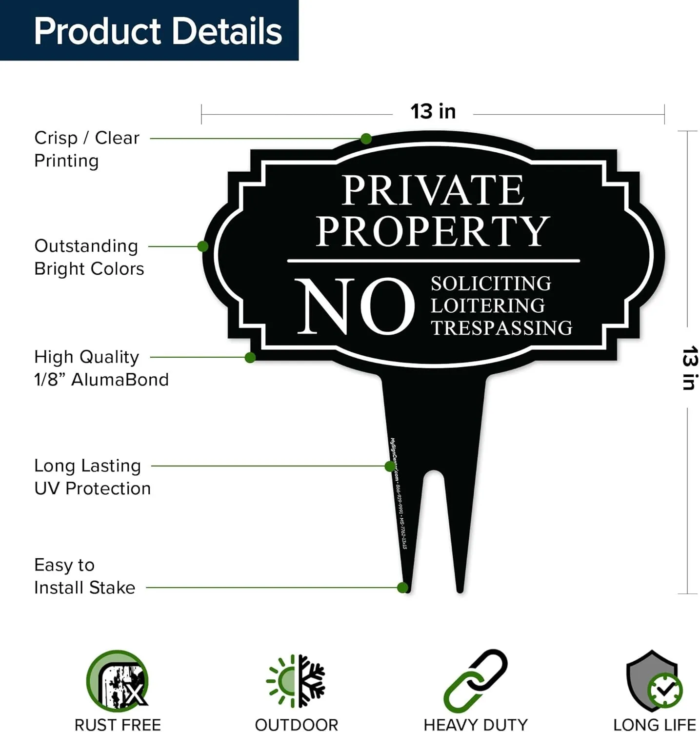 Private Property No Soliciting Loitering Trespassing Inground Sign, 13x13 Inches, Rust Free ACM, Fade Resistant, Made in USA by My Sign Center
