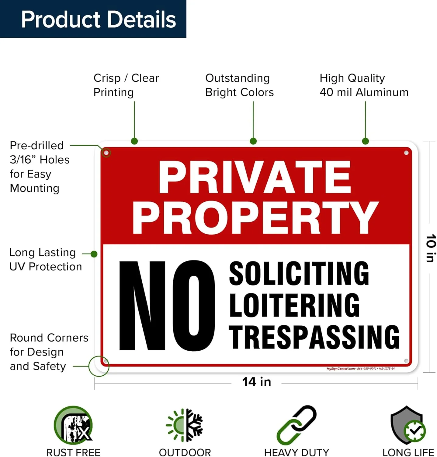 Private Property No Trespassing No Loitering No Soliciting Sign, 10x14 Inches, Rust Free .040 Aluminum, Fade Resistant, Made in USA by My Sign Center