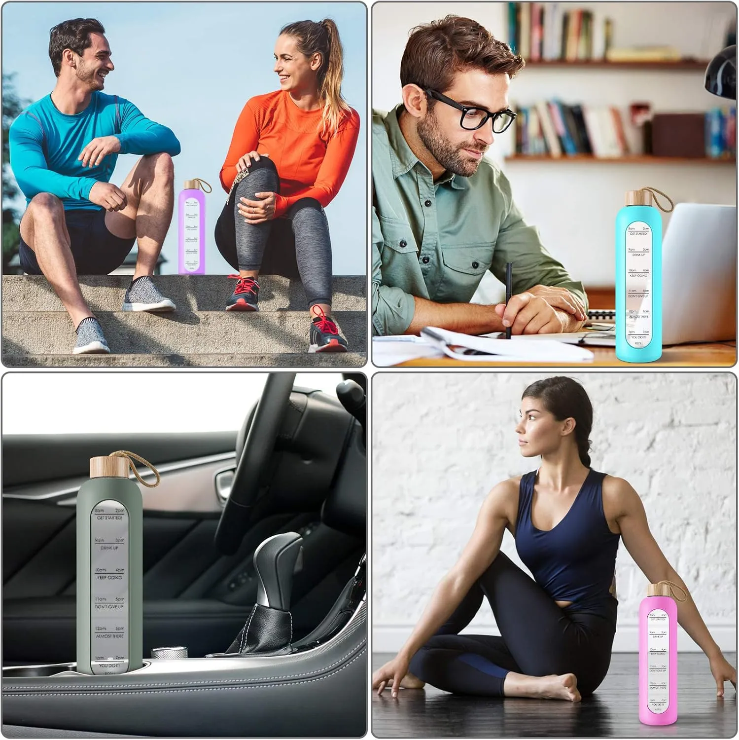 PROBTTL Borosilicate Glass Water Bottle with Time Marker Reminder Quotes, 1 Liter Leak Proof Reusable BPA Free Motivational Water Bottles with Silicone Sleeve and Bamboo Lid