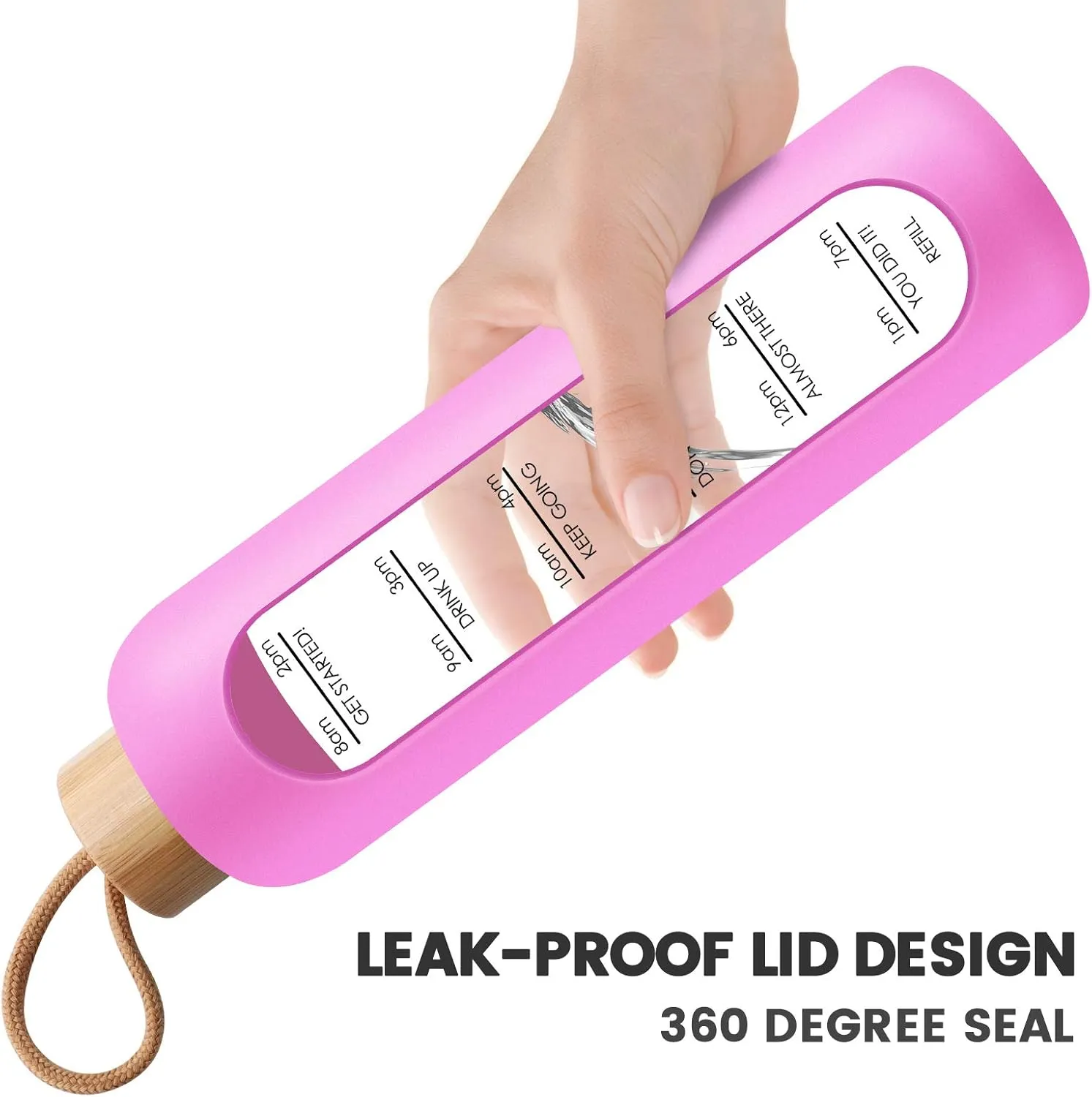 PROBTTL Borosilicate Glass Water Bottle with Time Marker Reminder Quotes, 1 Liter Leak Proof Reusable BPA Free Motivational Water Bottles with Silicone Sleeve and Bamboo Lid