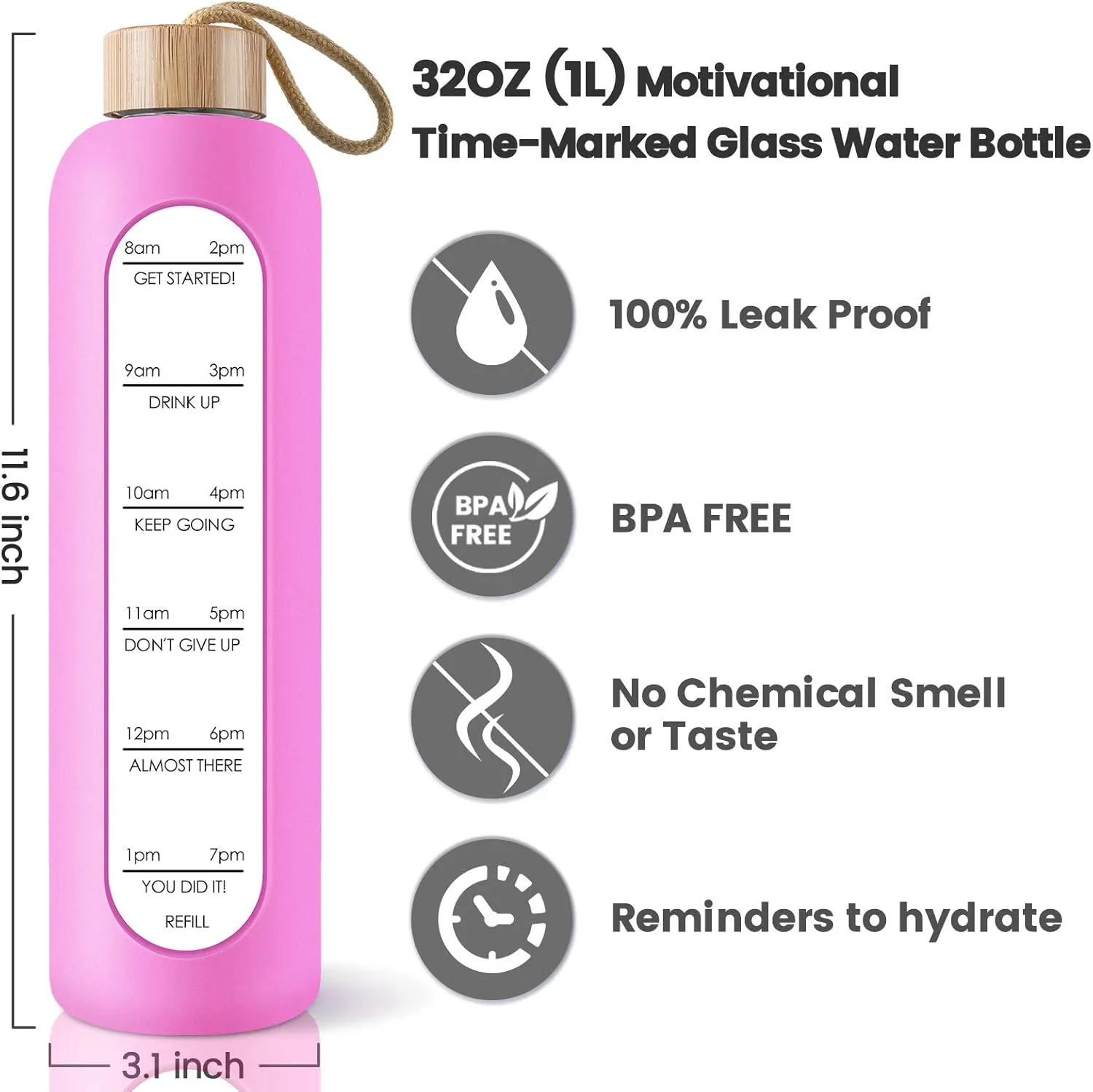 PROBTTL Borosilicate Glass Water Bottle with Time Marker Reminder Quotes, 1 Liter Leak Proof Reusable BPA Free Motivational Water Bottles with Silicone Sleeve and Bamboo Lid