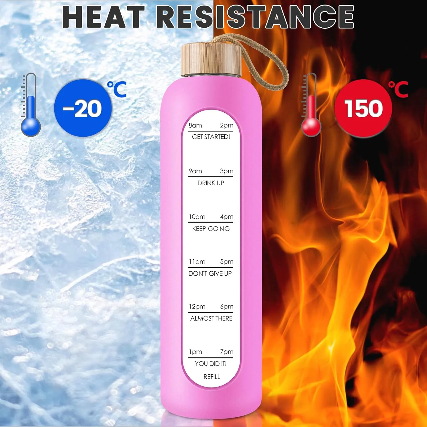 PROBTTL Borosilicate Glass Water Bottle with Time Marker Reminder Quotes, 1 Liter Leak Proof Reusable BPA Free Motivational Water Bottles with Silicone Sleeve and Bamboo Lid