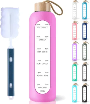 PROBTTL Borosilicate Glass Water Bottle with Time Marker Reminder Quotes, 1 Liter Leak Proof Reusable BPA Free Motivational Water Bottles with Silicone Sleeve and Bamboo Lid