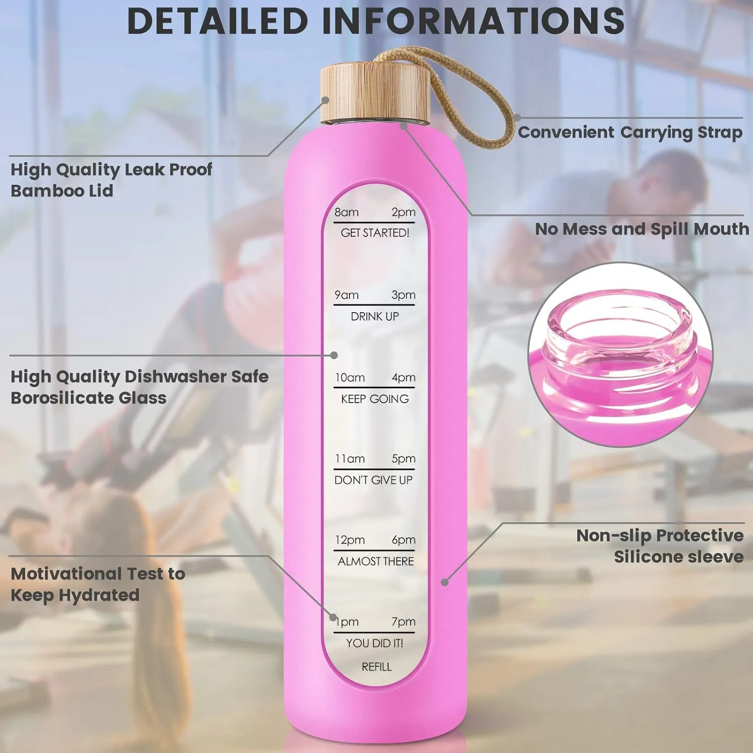 PROBTTL Borosilicate Glass Water Bottle with Time Marker Reminder Quotes, 1 Liter Leak Proof Reusable BPA Free Motivational Water Bottles with Silicone Sleeve and Bamboo Lid