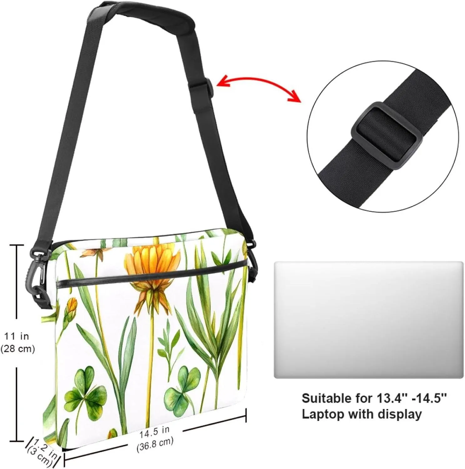 Protective Laptop Shoulder Messenger Bag Watercolor Green Woodland Forest Earth Tones Briefcase Carrying Case Sleeve