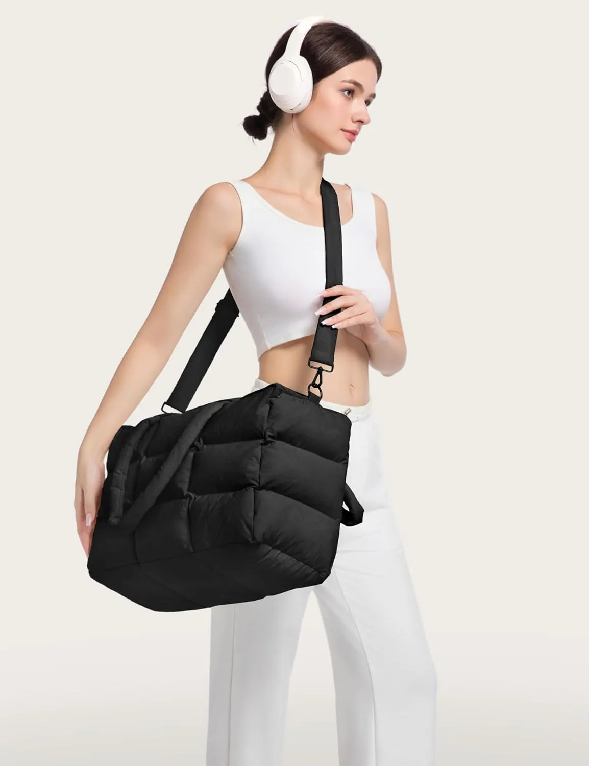 Puffer Tote Bag with Laptop Compartment, Quilted Shoulder Bag for Work Gym, Puffy Travel Carry On Tote with Zipper