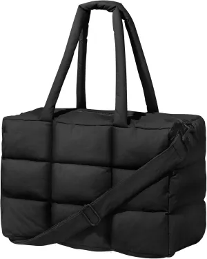 Puffer Tote Bag with Laptop Compartment, Quilted Shoulder Bag for Work Gym, Puffy Travel Carry On Tote with Zipper
