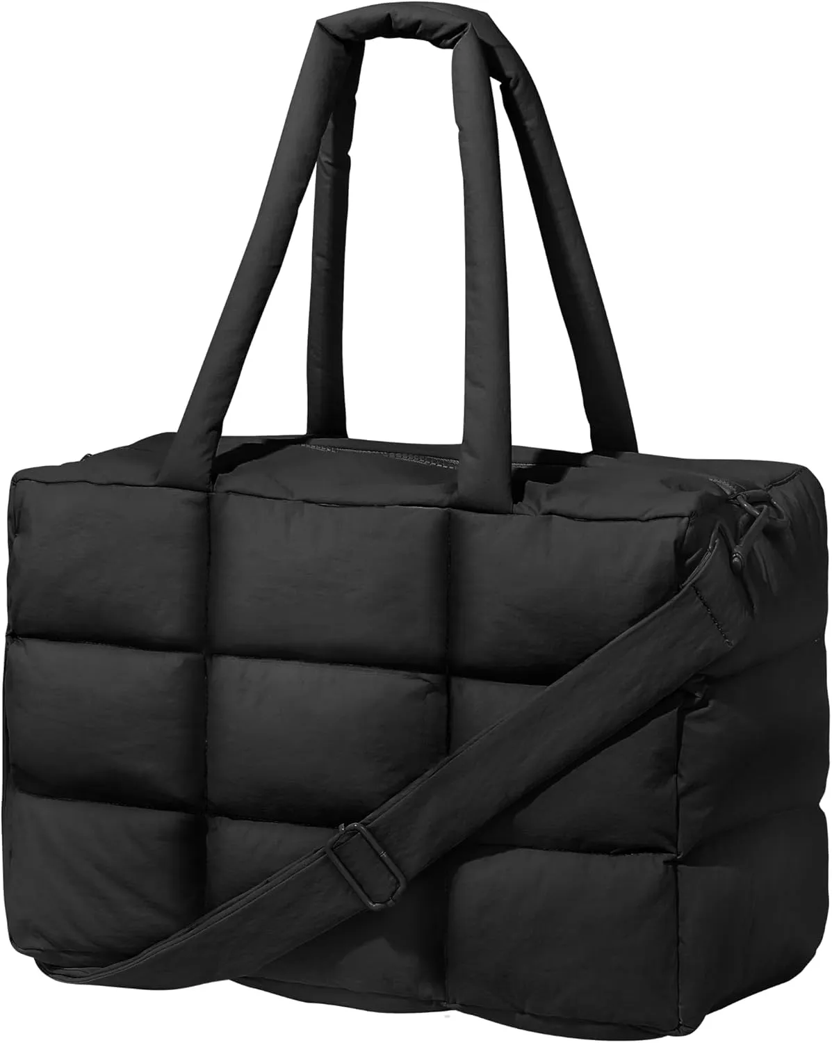 Puffer Tote Bag with Laptop Compartment, Quilted Shoulder Bag for Work Gym, Puffy Travel Carry On Tote with Zipper