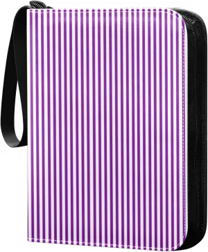 Purple White Stripes Card Binder 4 Pocket Trading Card Album Fits 400 Sports/Game Cards, PU Cover 3 Ring Card Collection with 50 Removable Sleeves