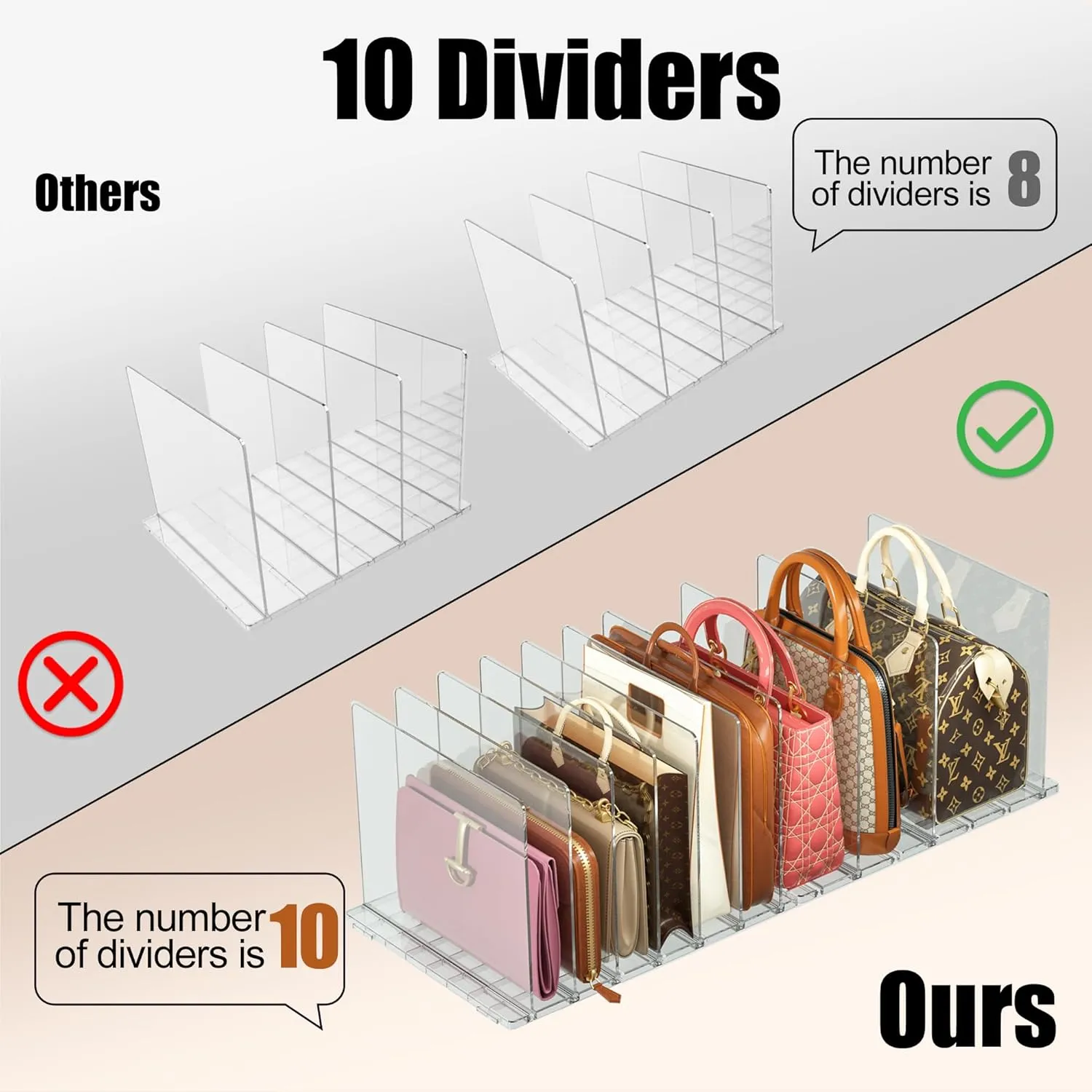 Purse Organizer for Closet with 10 Dividers, Adjustable Acrylic Clear Shelf Dividers for Purse, Pocketbook, Wallet, Handbags, Books (2 Base Boards   10 Shelf Dividers)
