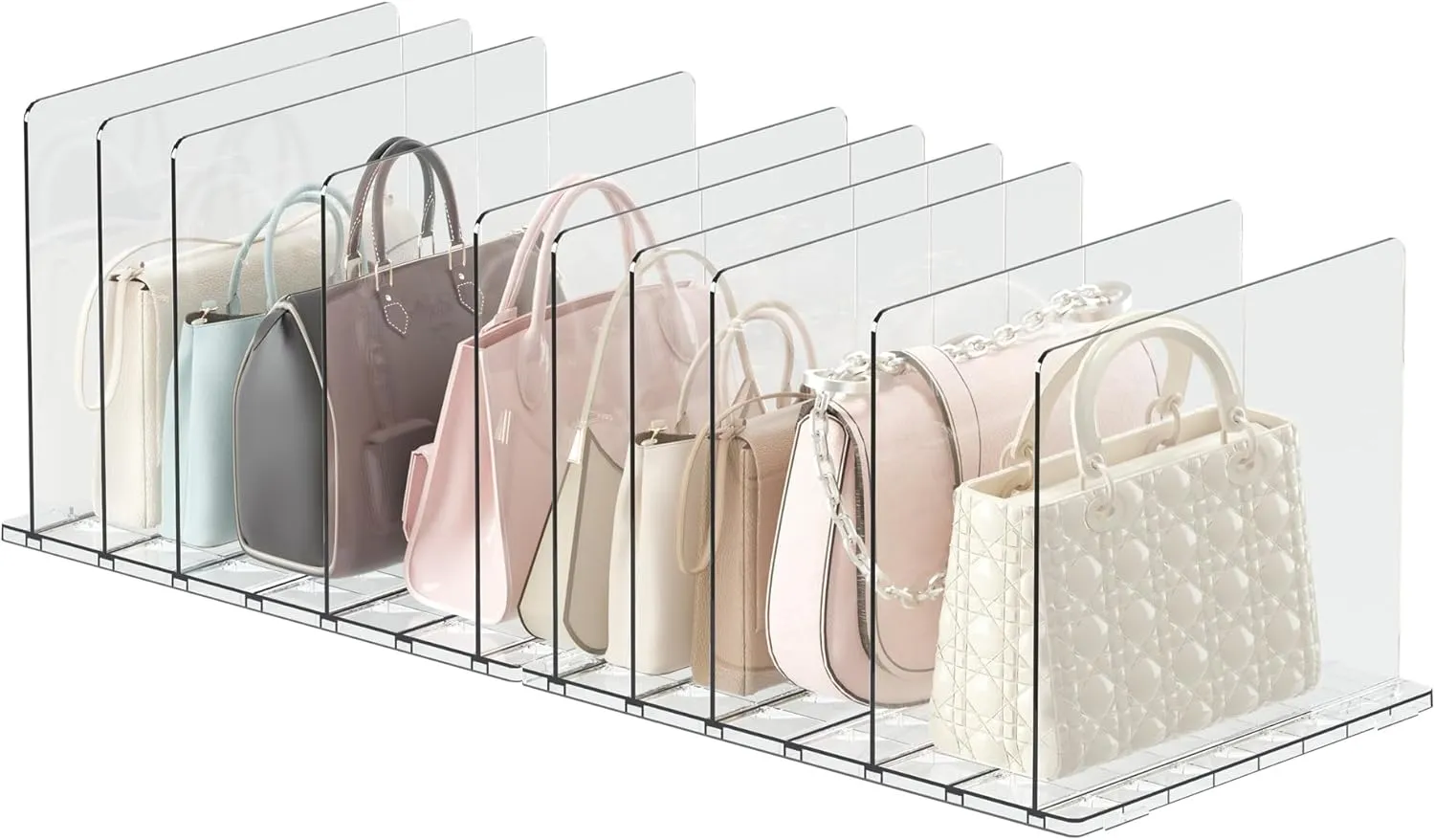 Purse Organizer for Closet with 10 Dividers, Adjustable Acrylic Clear Shelf Dividers for Purse, Pocketbook, Wallet, Handbags, Books (2 Base Boards   10 Shelf Dividers)