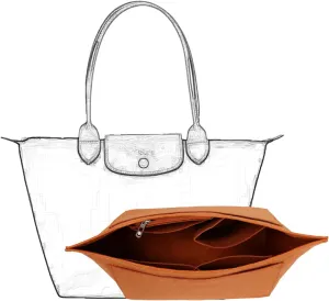 Purse Organizer, Multi-Pocket Felt Handbag Organizer, Folding Tote Bag organizer insert for Insert Wallet Organizer Suitable for Longchamp (Brown, Large)
