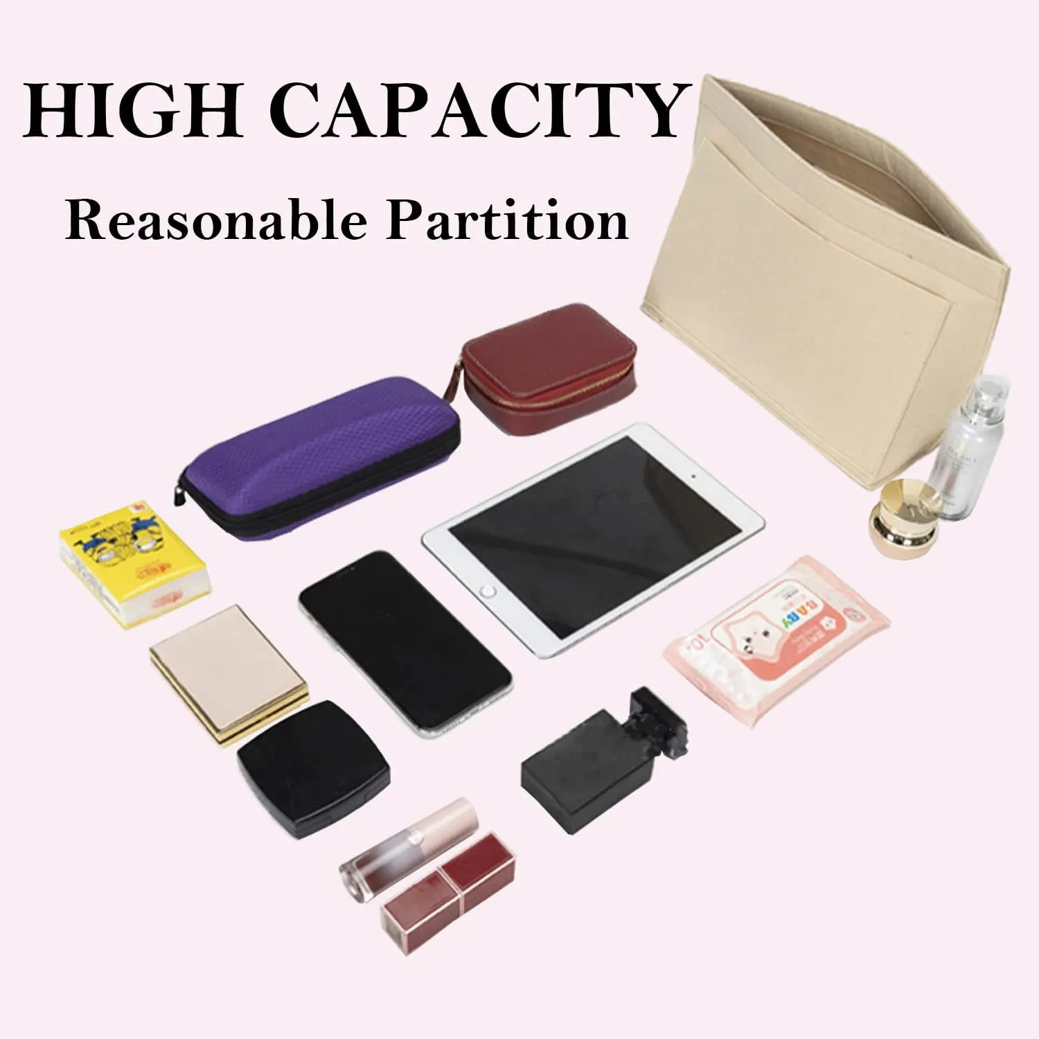 Purse Organizer, Multi-Pocket Felt Handbag Organizer, Folding Tote Bag organizer insert for Insert Wallet Organizer Suitable for Longchamp (Deep Red, Large)