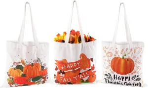 Quera 3 Pack Fall Canvas Tote Bags Sunflower Tote Bag Pumpkins Canvas Bag Reusable Cotton Handbag Grocery Bags for Shopping Market Travel Beach Autumn Theme Harvest Party Favors, 13" x 13"