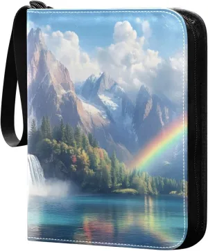 Rainbow Waterfall Landscape Card Binder 4 Pocket Trading Card Album Fits 400 Sports/Game Cards, PU Cover 3 Ring Card Collection with 50 Removable Sleeves