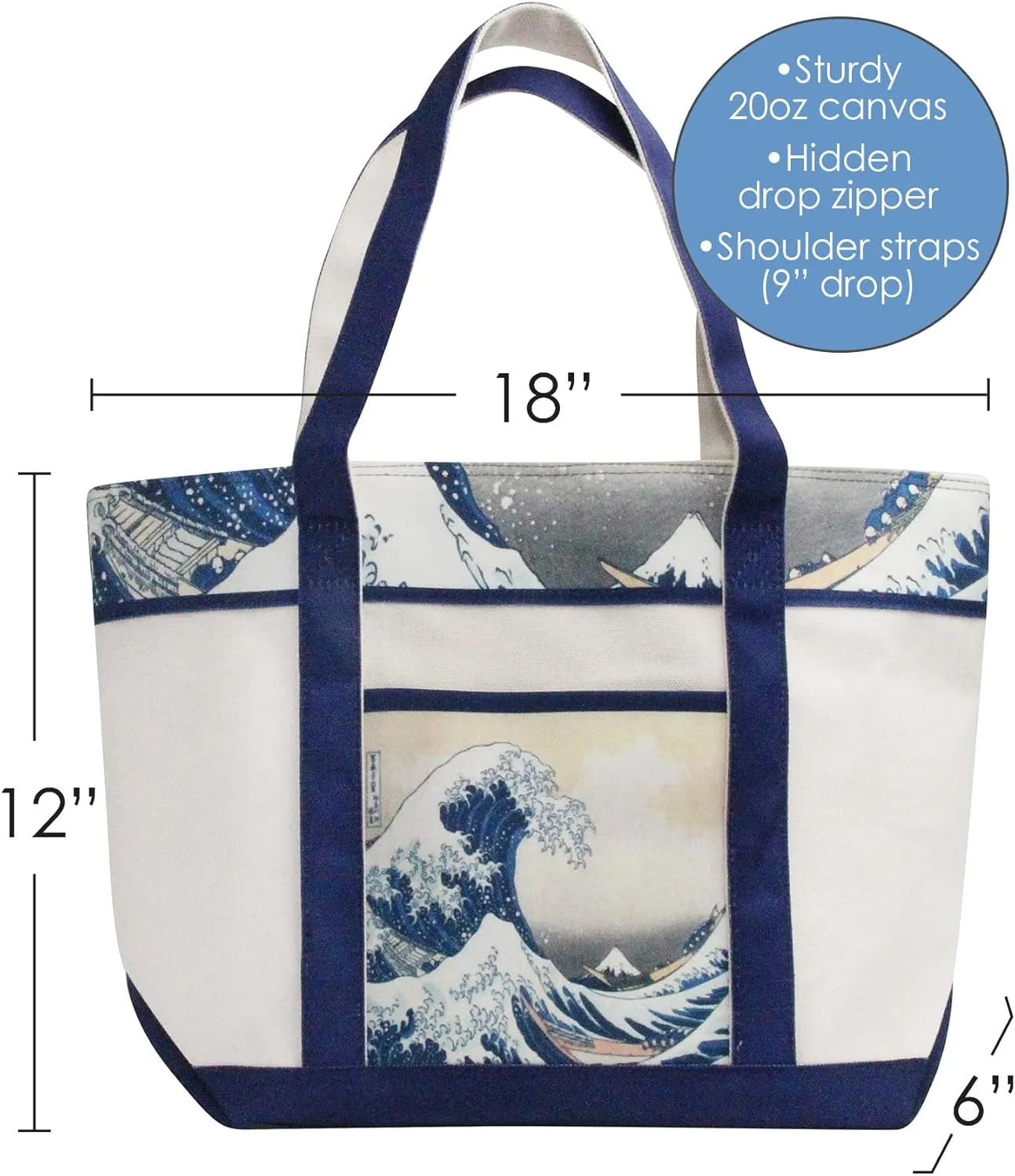 RainCaper Fine Art Large Cotton Canvas Tote Bag Roomy Heavy Duty Sturdy Boat Bag Zippered Top Lots of Pockets Shoulder Straps