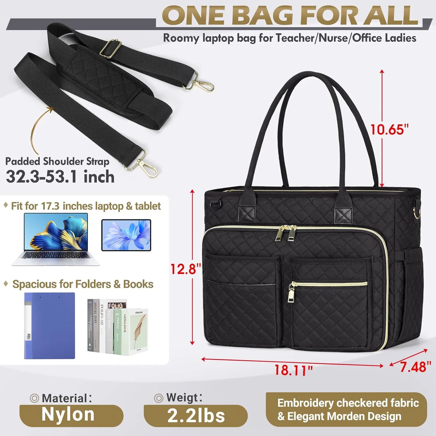 RAINSMORE Teacher Tote Bag 17.3 inch Laptop Bag for Women Work Laptop Tote Nurse Bag Professional Computer Messenger with Insulated Pocket Briefcase for Office, College, Nursing, Black