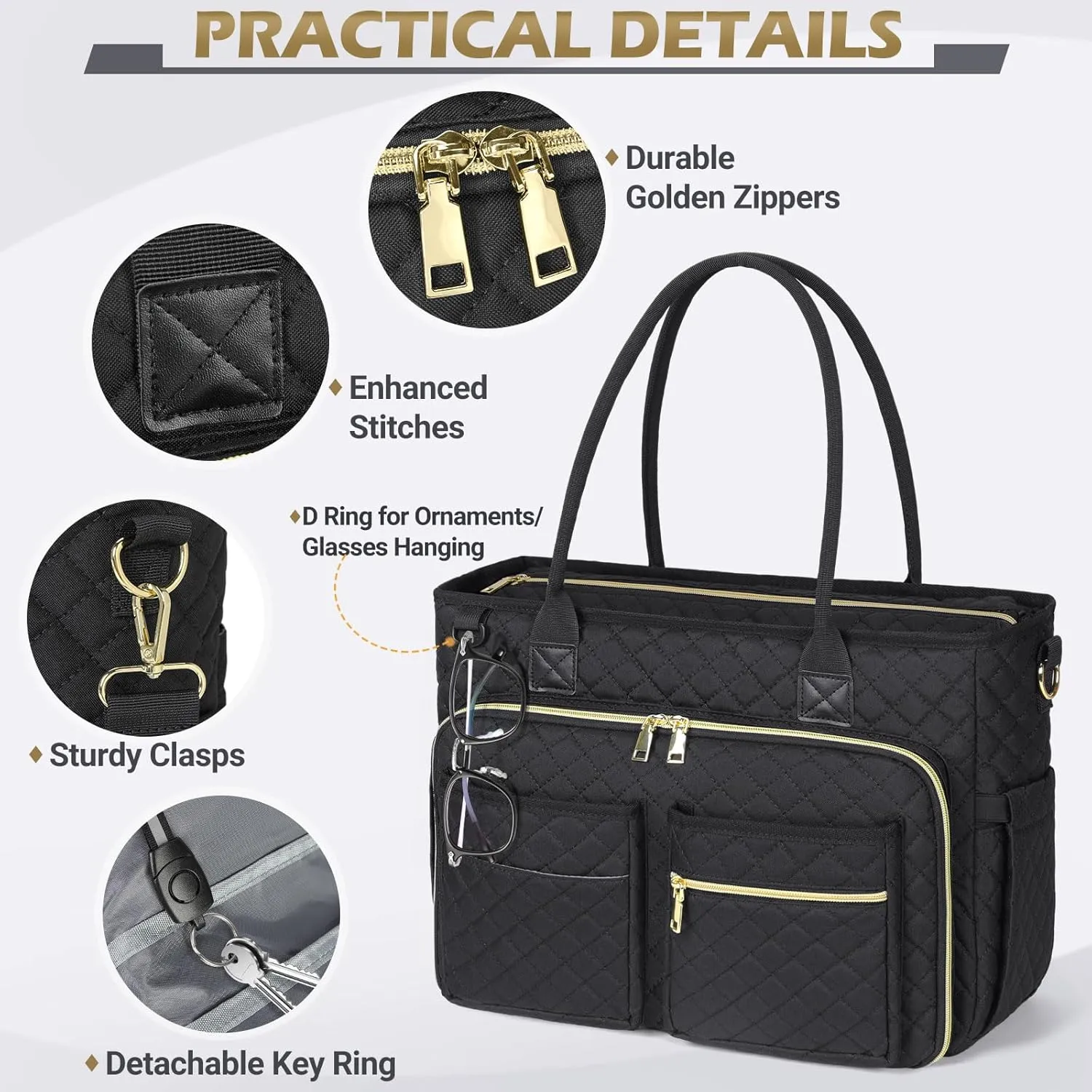 RAINSMORE Teacher Tote Bag 17.3 inch Laptop Bag for Women Work Laptop Tote Nurse Bag Professional Computer Messenger with Insulated Pocket Briefcase for Office, College, Nursing, Black