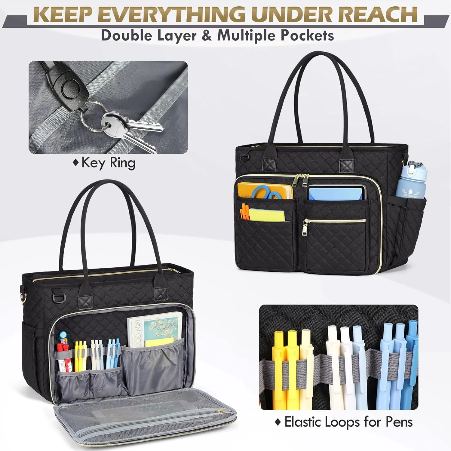 RAINSMORE Teacher Tote Bag 17.3 inch Laptop Bag for Women Work Laptop Tote Nurse Bag Professional Computer Messenger with Insulated Pocket Briefcase for Office, College, Nursing, Black