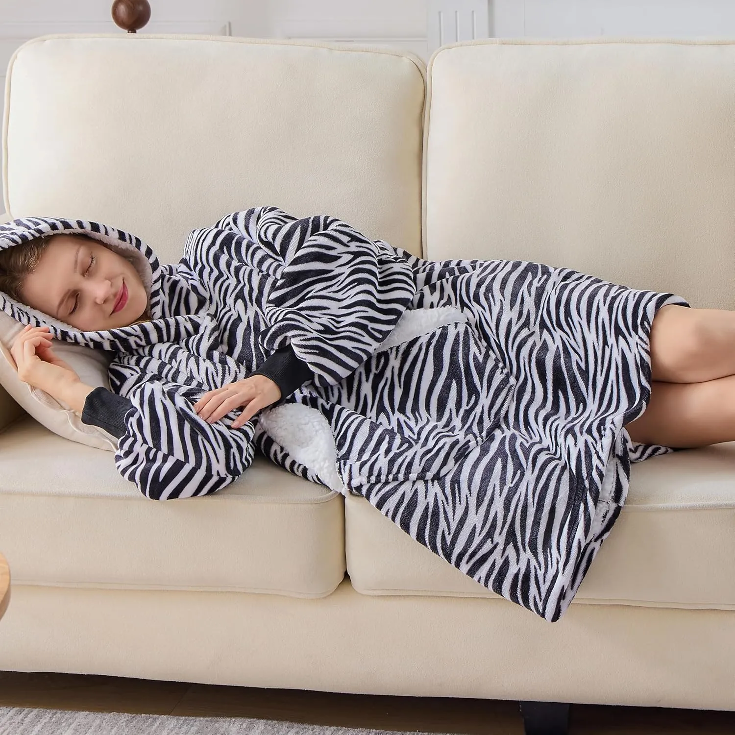 Ramees Wearable Blanket Hoodie, Oversized Sherpa Fleece Sweatshirt Blanket with Sleeves and Pockets (Zebra)