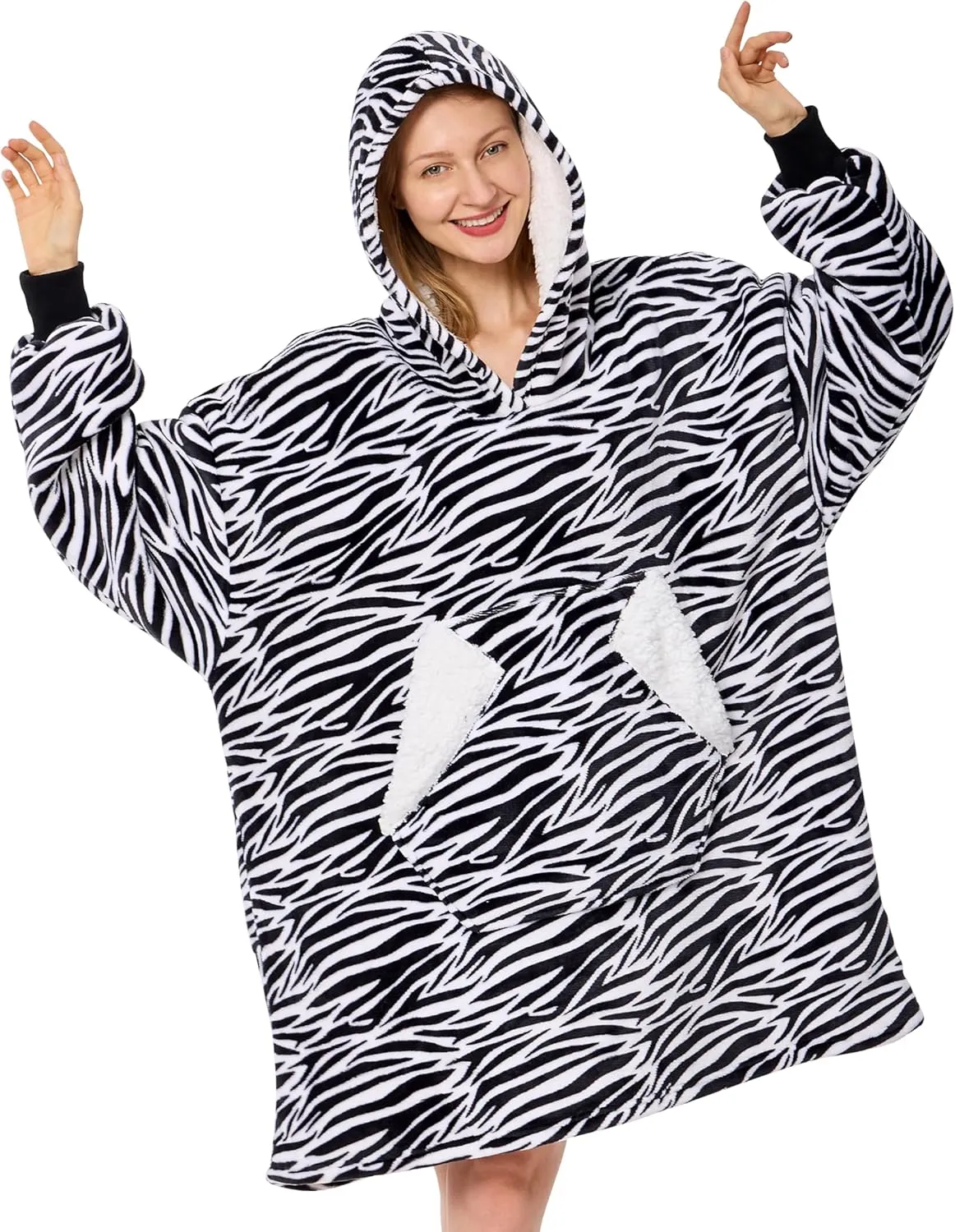 Ramees Wearable Blanket Hoodie, Oversized Sherpa Fleece Sweatshirt Blanket with Sleeves and Pockets (Zebra)