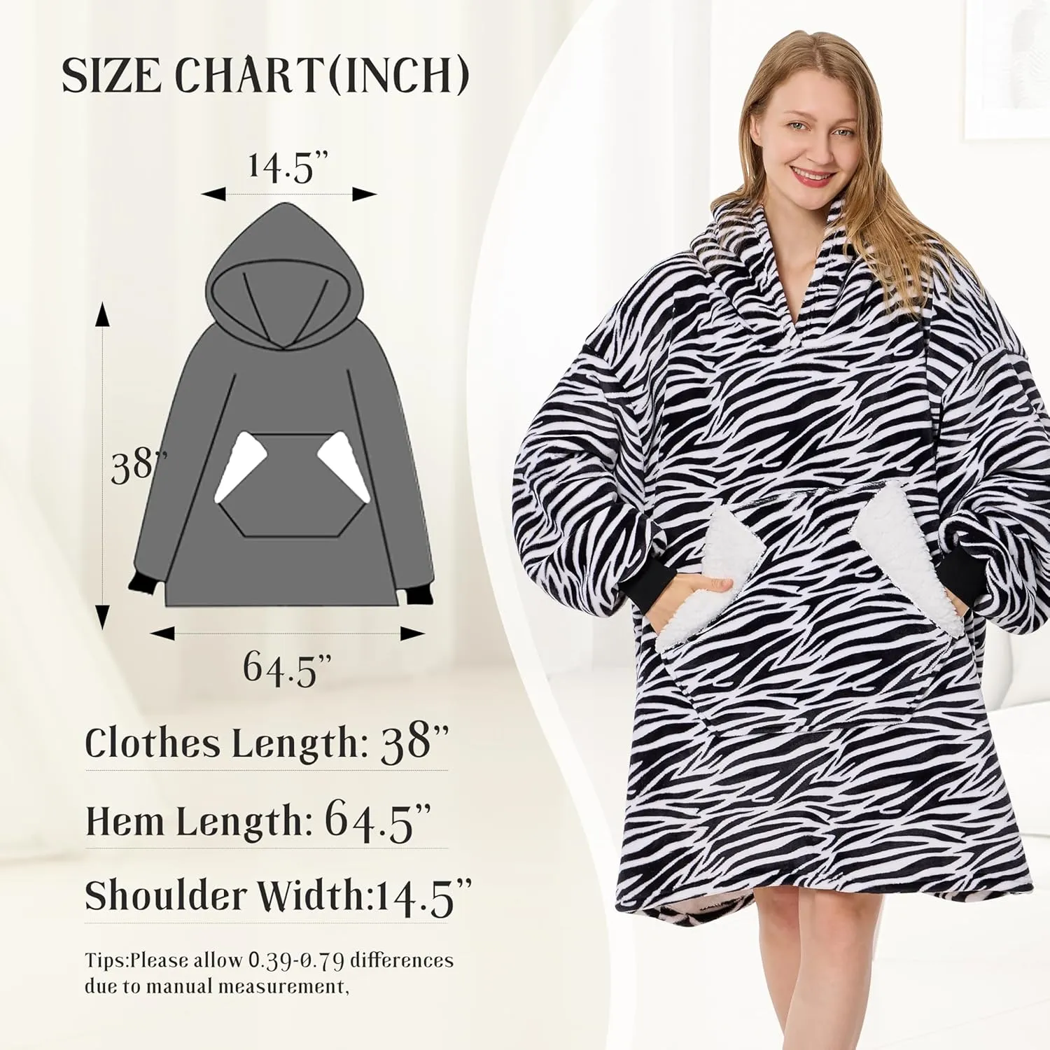 Ramees Wearable Blanket Hoodie, Oversized Sherpa Fleece Sweatshirt Blanket with Sleeves and Pockets (Zebra)