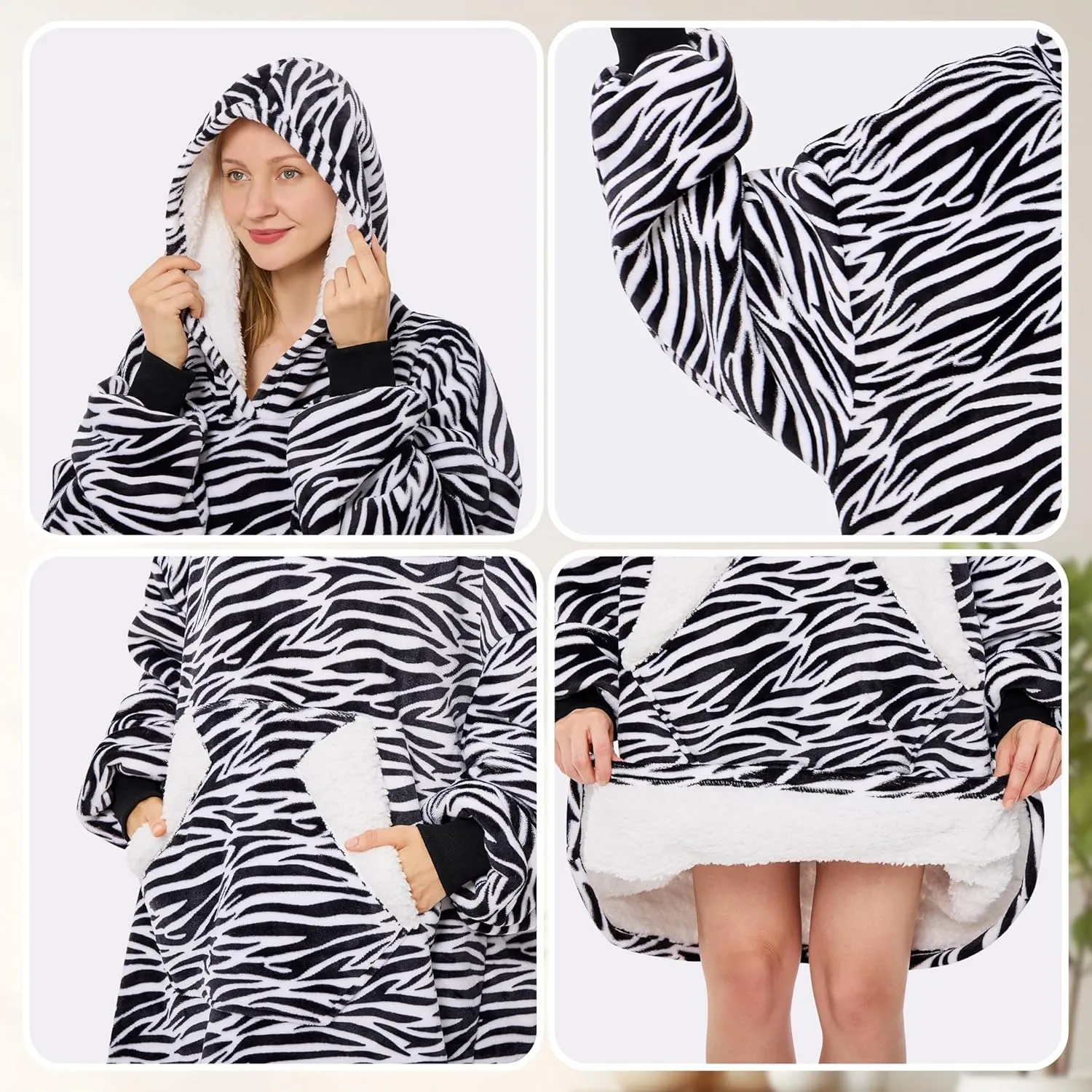 Ramees Wearable Blanket Hoodie, Oversized Sherpa Fleece Sweatshirt Blanket with Sleeves and Pockets (Zebra)