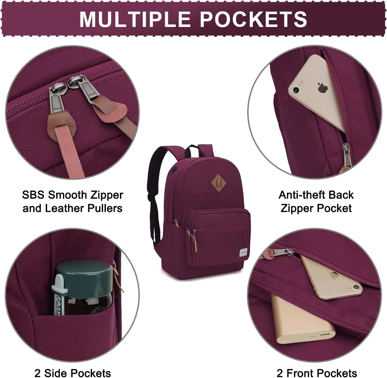 RAVUO Casual Backpack for Women, Water Resistant Classic Basic 15.6 inch Laptop Backpack Rucksack Travel Daypack Bookbag Burgundy