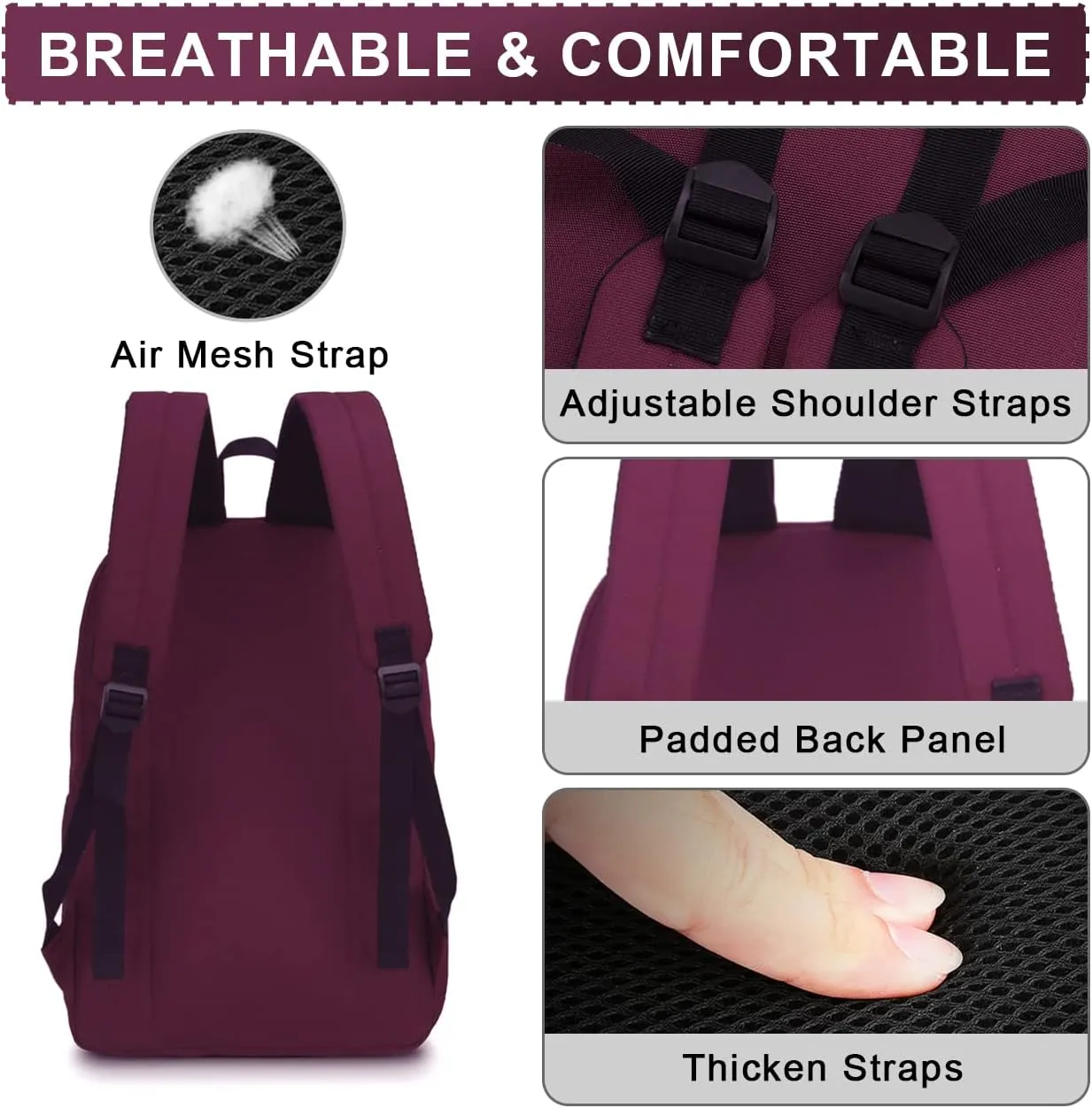 RAVUO Casual Backpack for Women, Water Resistant Classic Basic 15.6 inch Laptop Backpack Rucksack Travel Daypack Bookbag Burgundy