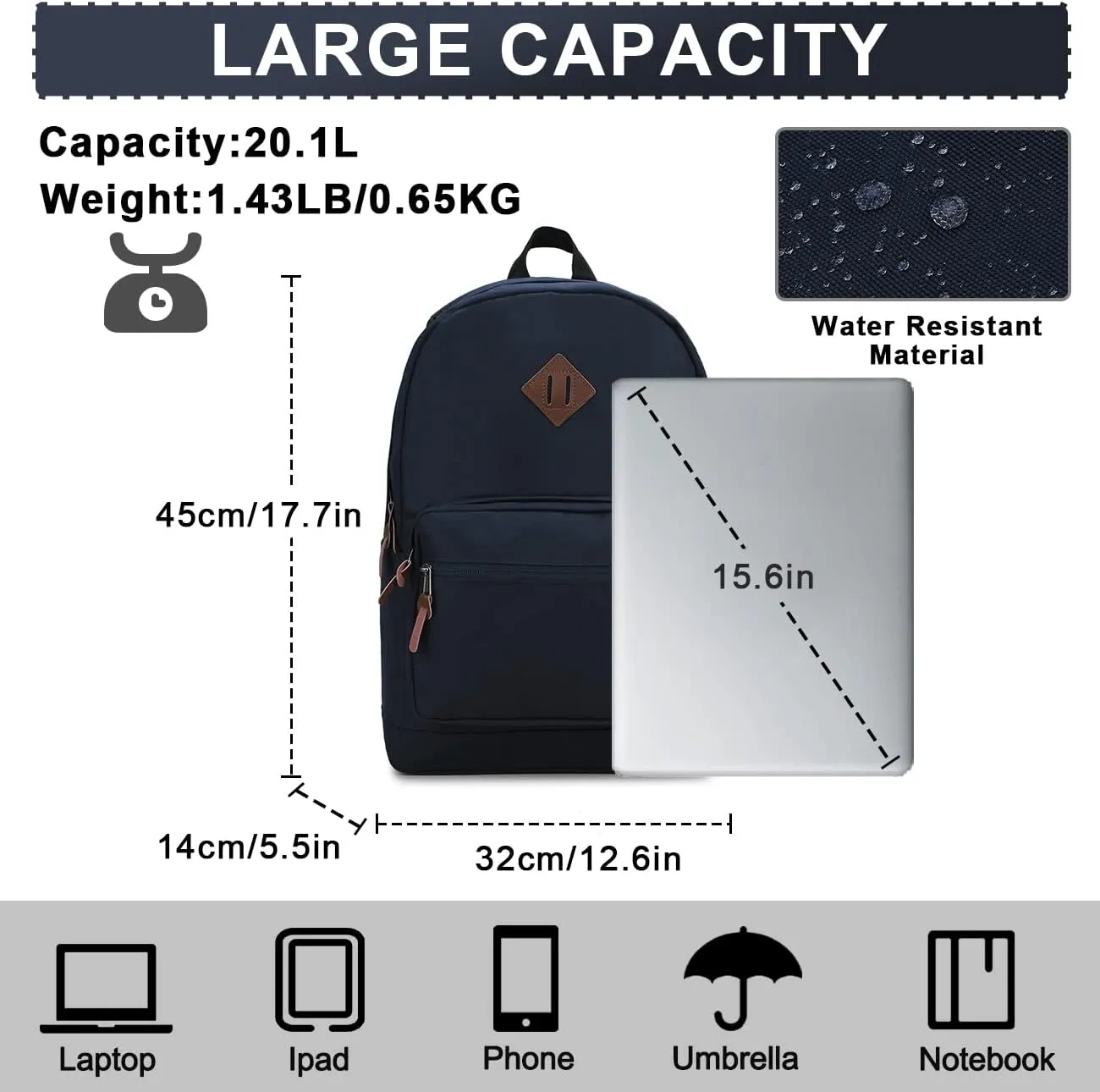 RAVUO Laptop Backpack, Water Resistant Unisex Backpack Mens Casual Daypack Bookbag for Travel College Blue