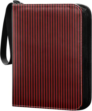 Red Black Stripes Card Binder 4 Pocket Trading Card Album Fits 400 Sports/Game Cards, PU Cover 3 Ring Card Collection with 50 Removable Sleeves