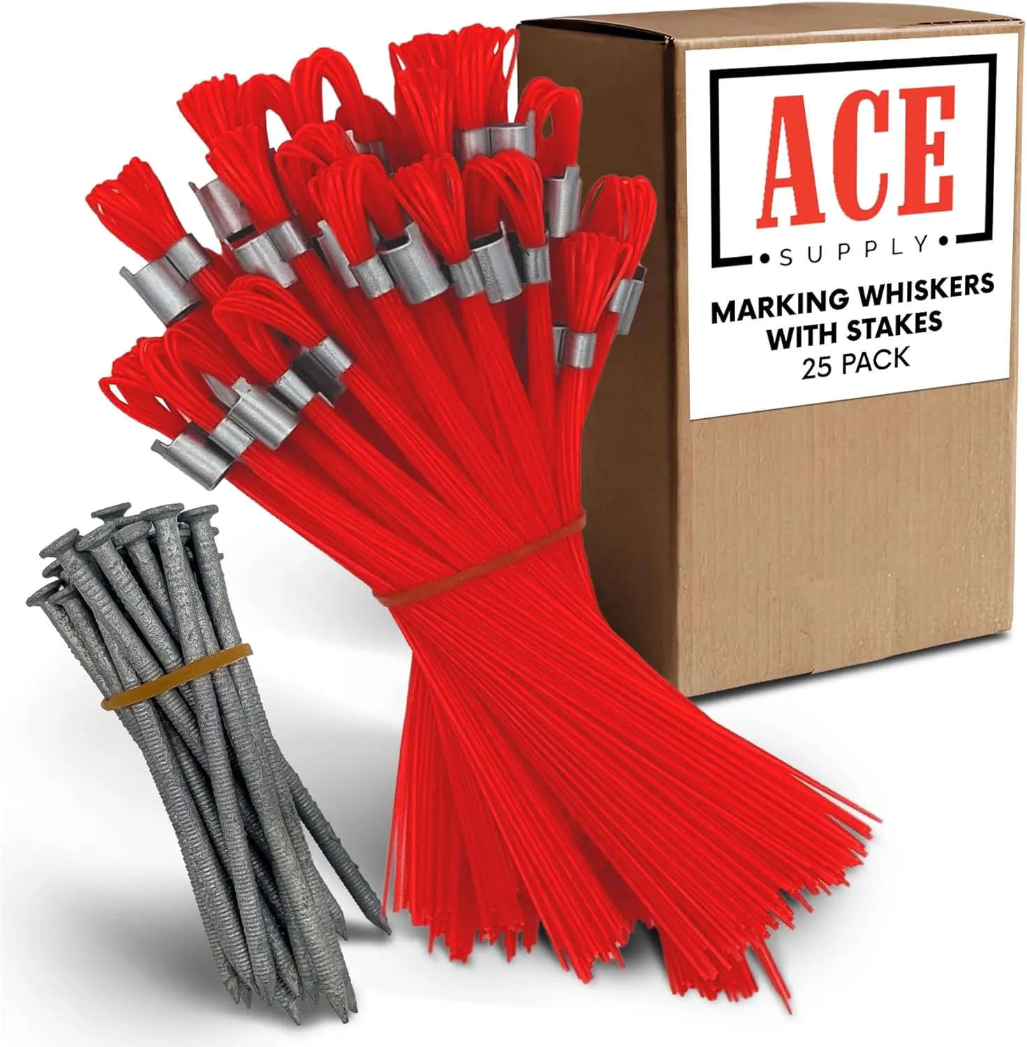 Red Marking Whiskers With Stakes - 25 Pack - Durable Marking Whisker Set - Use Survey Whiskers As Ground Markers, Construction Markers, Or Trail Markers