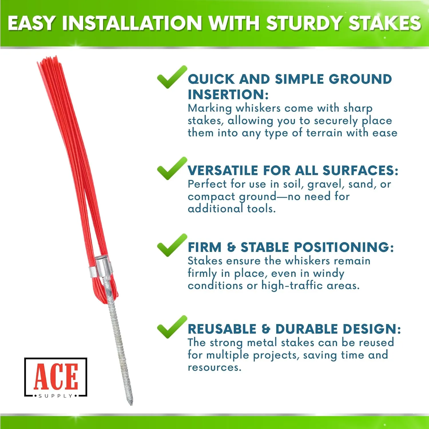 Red Marking Whiskers With Stakes - 25 Pack - Durable Marking Whisker Set - Use Survey Whiskers As Ground Markers, Construction Markers, Or Trail Markers
