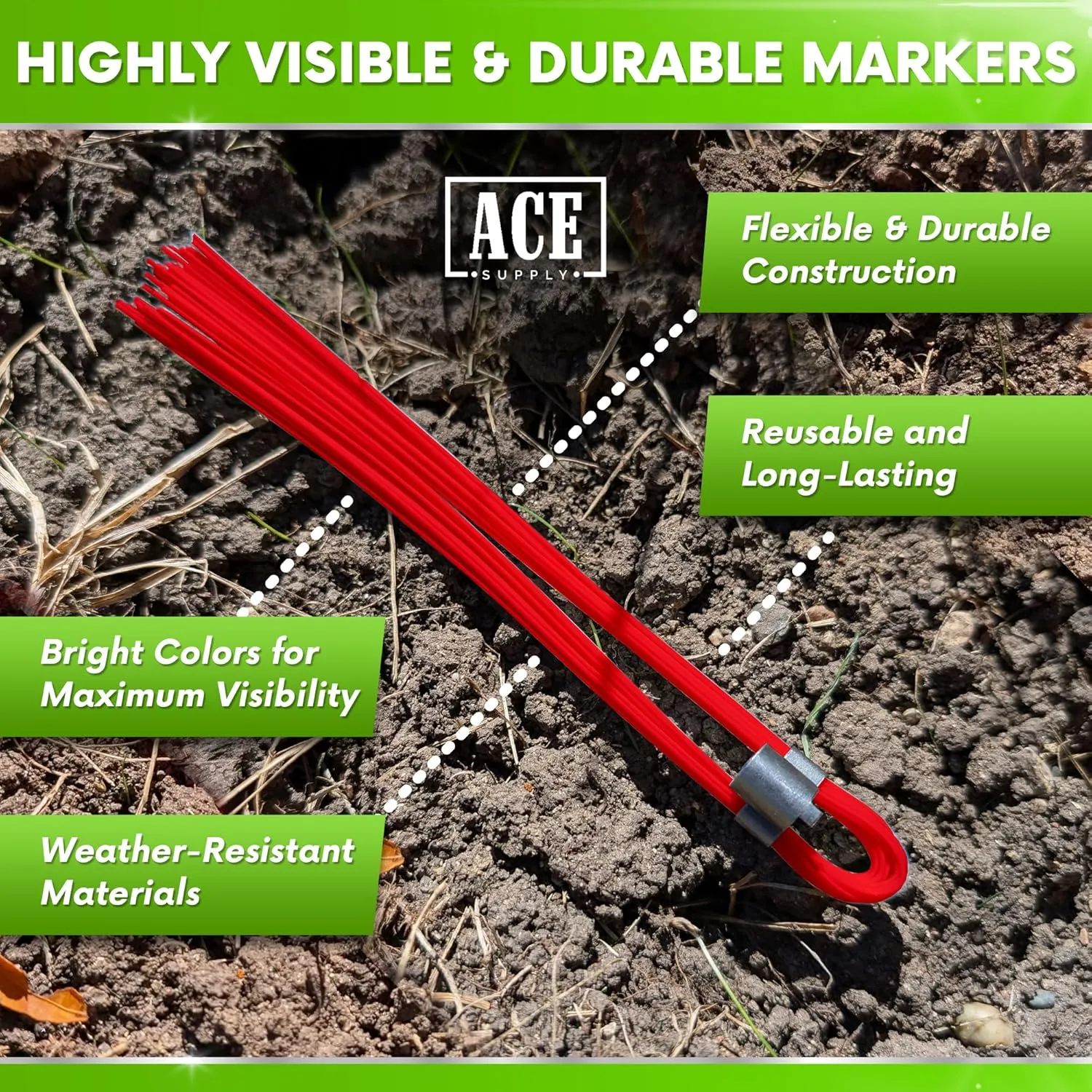 Red Marking Whiskers With Stakes - 25 Pack - Durable Marking Whisker Set - Use Survey Whiskers As Ground Markers, Construction Markers, Or Trail Markers