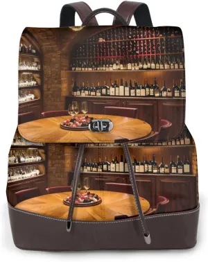 Red Wine Cellar picture Print Adjustable Casual Travel Hiking Knapsacks Leather Backpack Purse Laptop Rucksack Bag