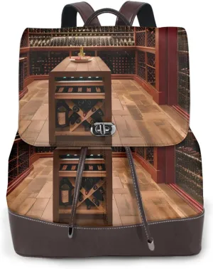 Red Wine Cellar Print Adjustable Casual Travel Hiking Knapsacks Leather Backpack Purse Laptop Rucksack Bag