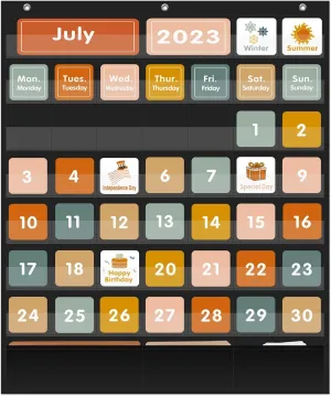 REGELETO Boho 46 3 Pockets Calendar Pocket Chart with 92 Cards for Classroom,Large Size: 28.75 x 24 inch Black Monthly Calendar and Weather Pocket Chart for Kids Learning for Home or Kindergarten