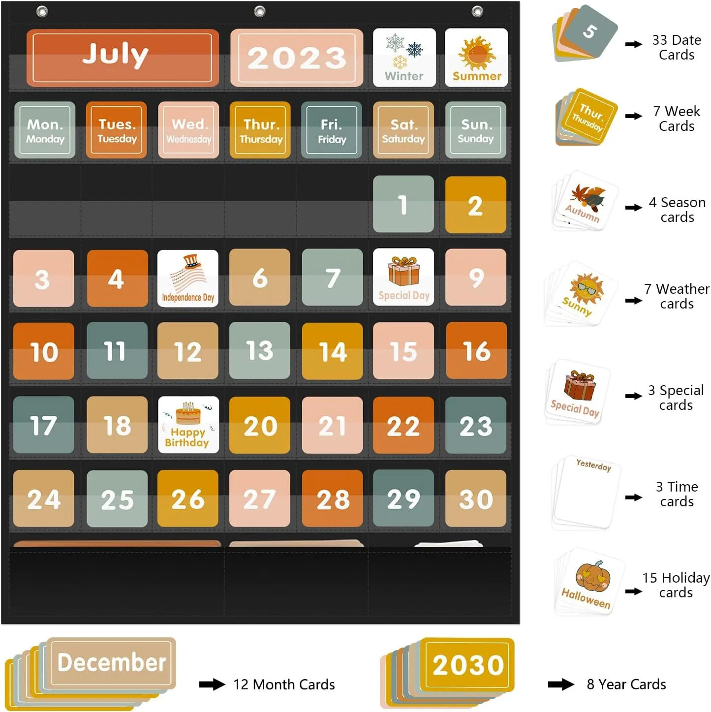 REGELETO Boho 46 3 Pockets Calendar Pocket Chart with 92 Cards for Classroom,Large Size: 28.75 x 24 inch Black Monthly Calendar and Weather Pocket Chart for Kids Learning for Home or Kindergarten