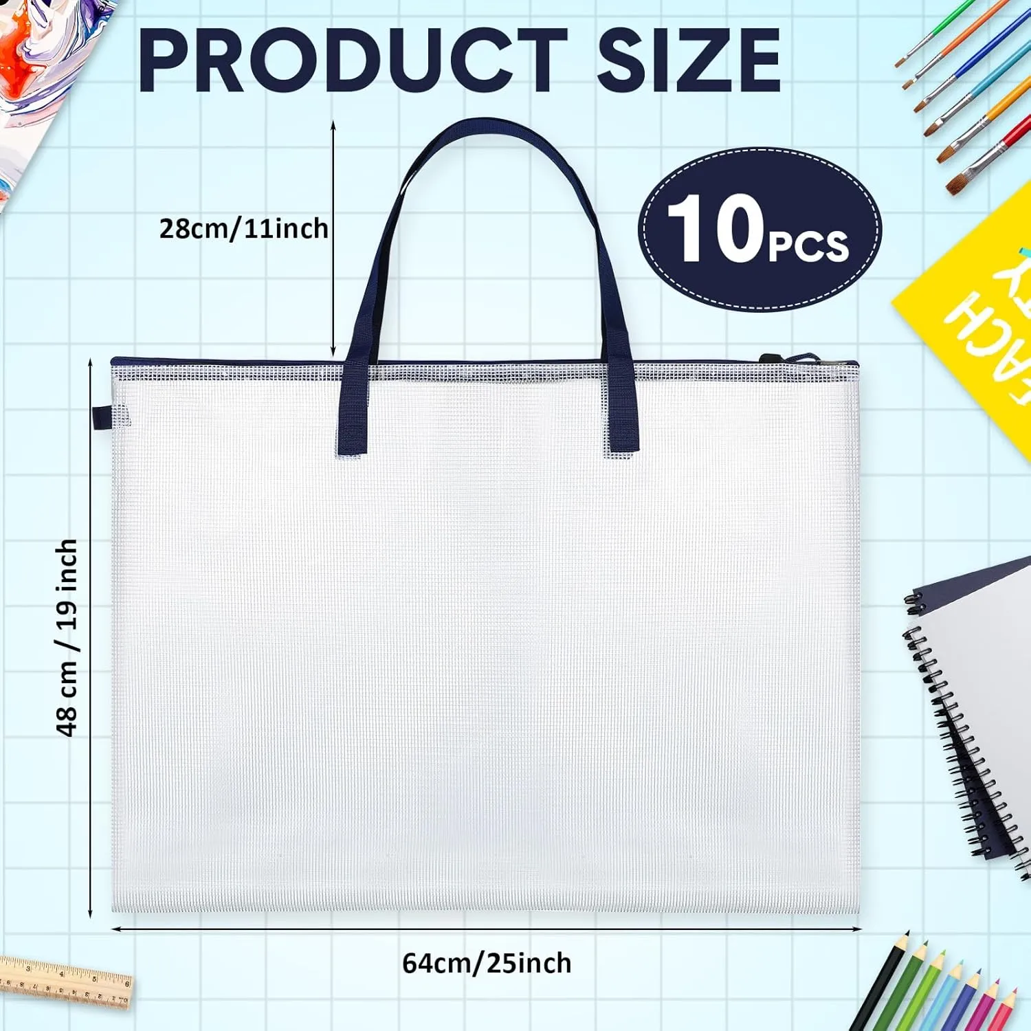 Reginary 10 Pcs 19x25 Inch Art Portfolio Bag Bulk with Zipper and Handle Transparent White Bags for Artworks, Posters, Bulletin Boards Paintings Art Back to School and Storage (Navy)