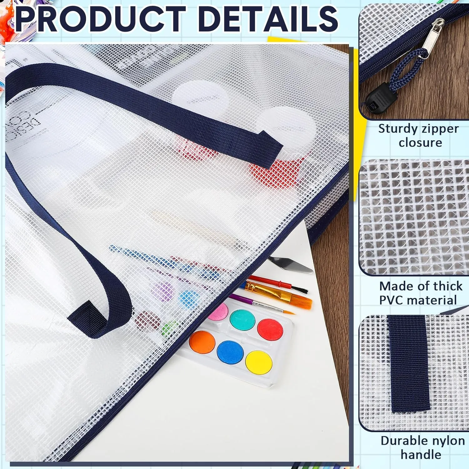 Reginary 10 Pcs 19x25 Inch Art Portfolio Bag Bulk with Zipper and Handle Transparent White Bags for Artworks, Posters, Bulletin Boards Paintings Art Back to School and Storage (Navy)