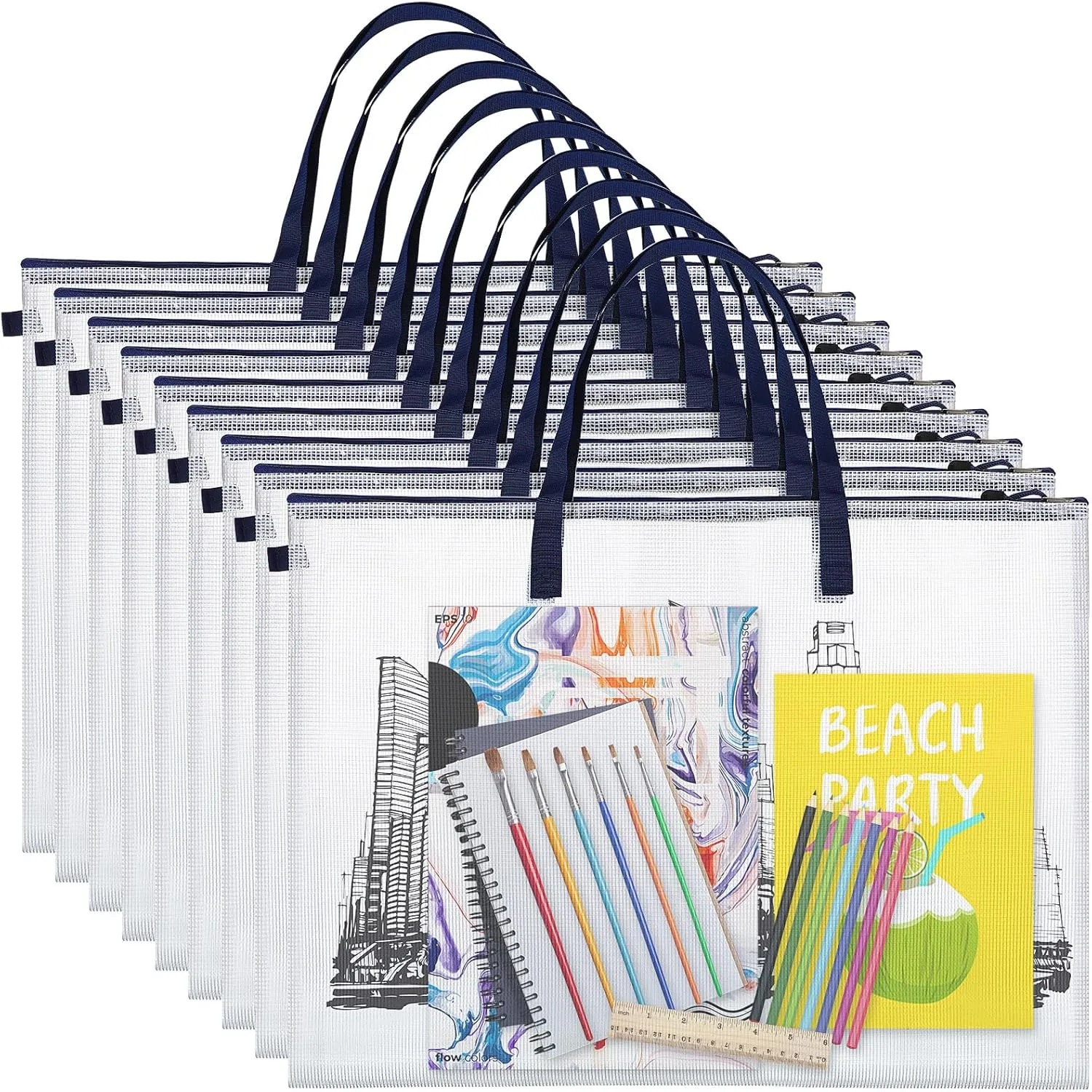 Reginary 10 Pcs 19x25 Inch Art Portfolio Bag Bulk with Zipper and Handle Transparent White Bags for Artworks, Posters, Bulletin Boards Paintings Art Back to School and Storage (Navy)