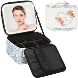 Relavel Travel Makeup Bag with LED Mirror, Portable Cosmetic Train Case with 3 Color Lighted Brightness Mirror, Makeup Artist Organizer Storage with Adjustable Dividers Make Up Box - Blue Flower