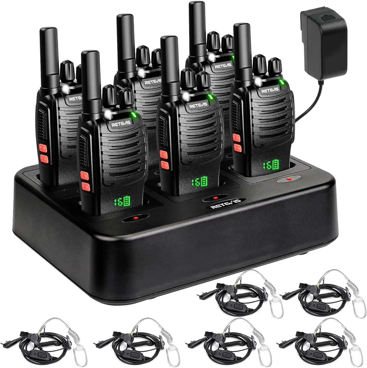 Retevis H-777H Walkie-Talkies with 6 Way Gang Charger,2 Way Radios with Earpiece,Hidden LED Segment Displays,Flashlight,USB-C,VOX,Portable FRS Two-Way Radios for Retail Property Church Hotel(6 Pack)