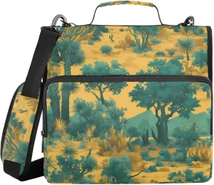 Retro Green Trees Yellow 1.5-Inch 3-Rings Zipper Binder Organizer with Shoulder Strap Multi-Pocket Document Organizer Bag Suitable for Middle School