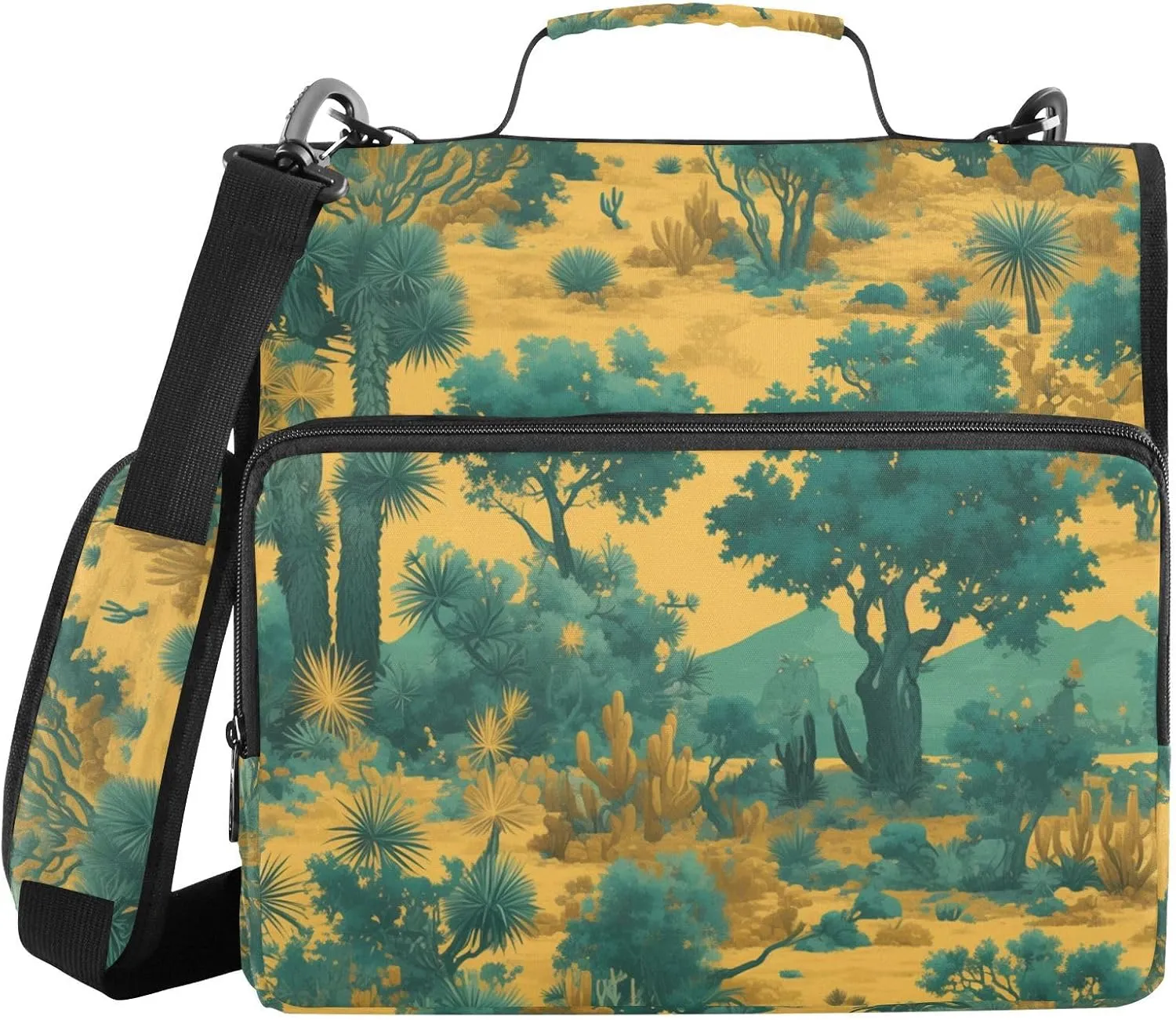 Retro Green Trees Yellow 1.5-Inch 3-Rings Zipper Binder Organizer with Shoulder Strap Multi-Pocket Document Organizer Bag Suitable for Middle School