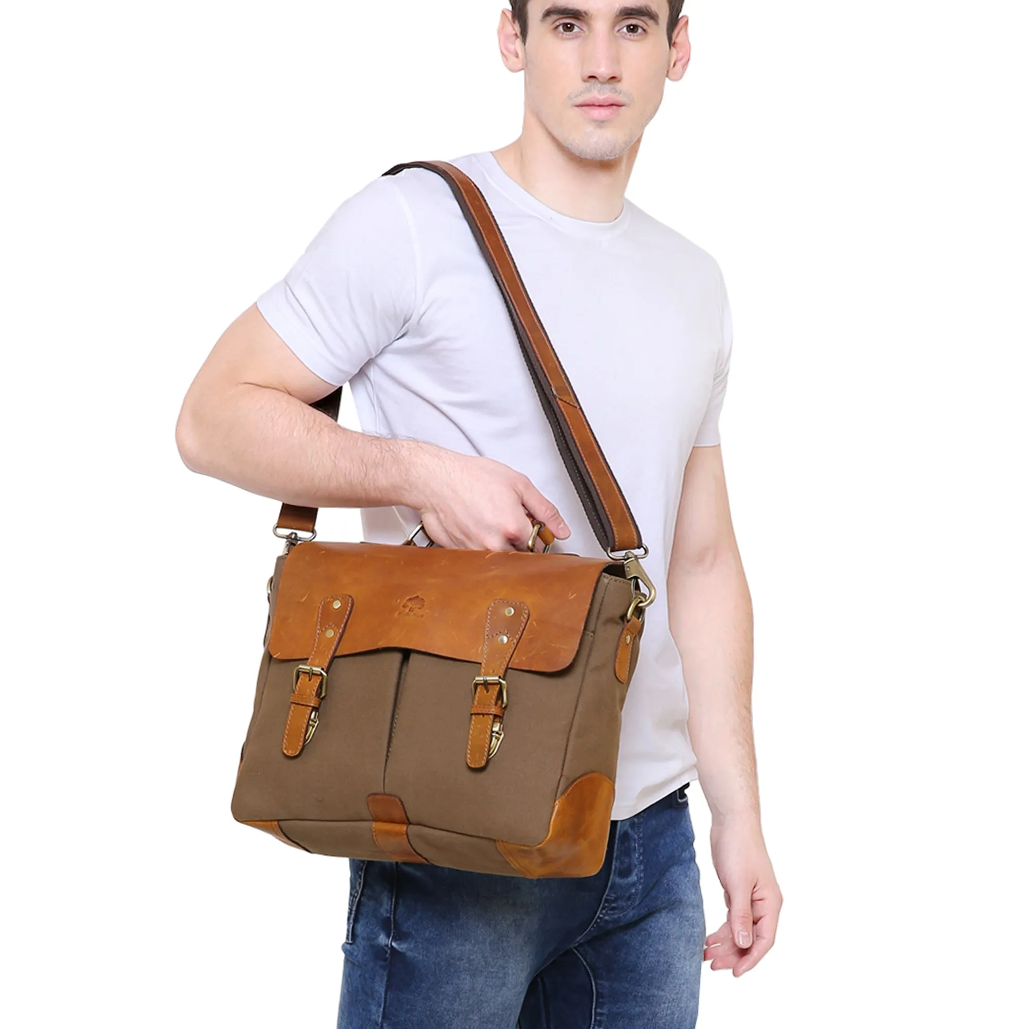 Retro Style Leather Canvas Messenger Bag Briefcase Laptop Bag (Olive Green)
