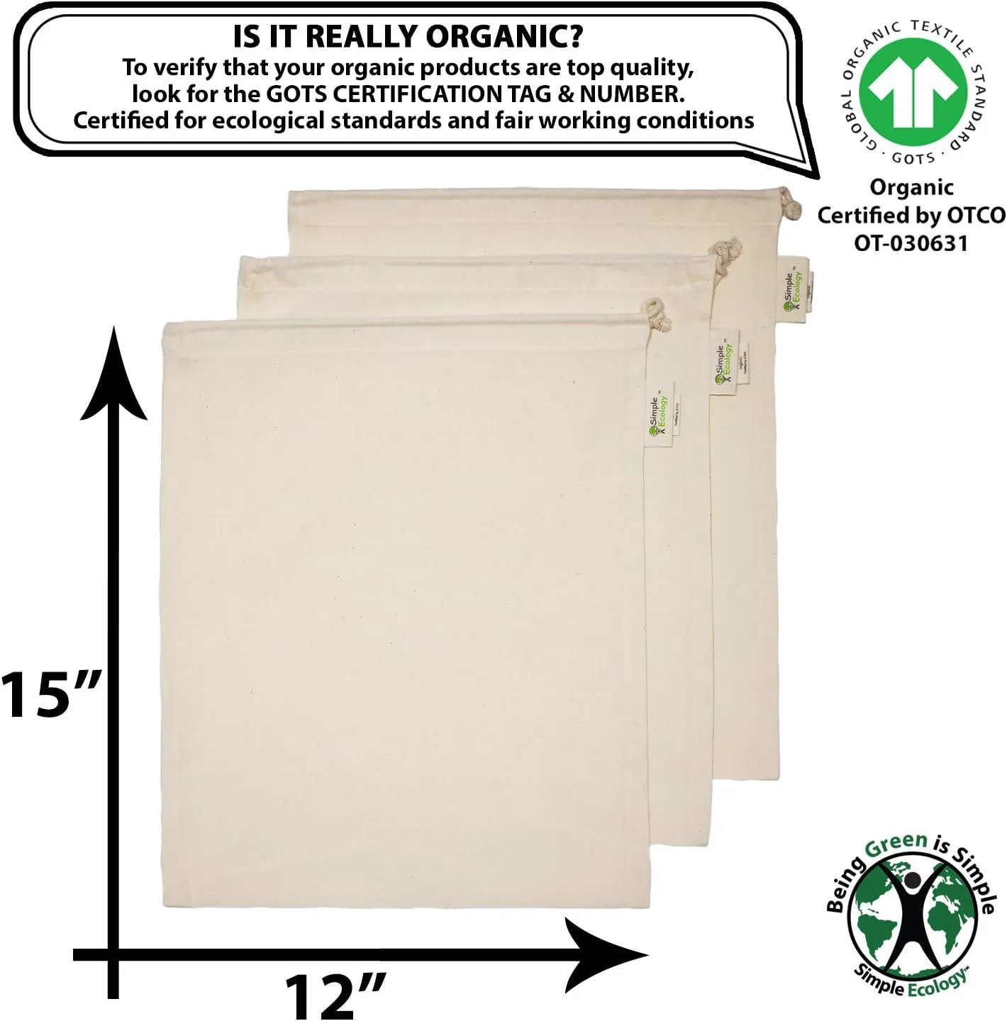 Reusable Grocery Produce Shopping and Storage Bags, Organic Cotton Muslin, Large 3 pack