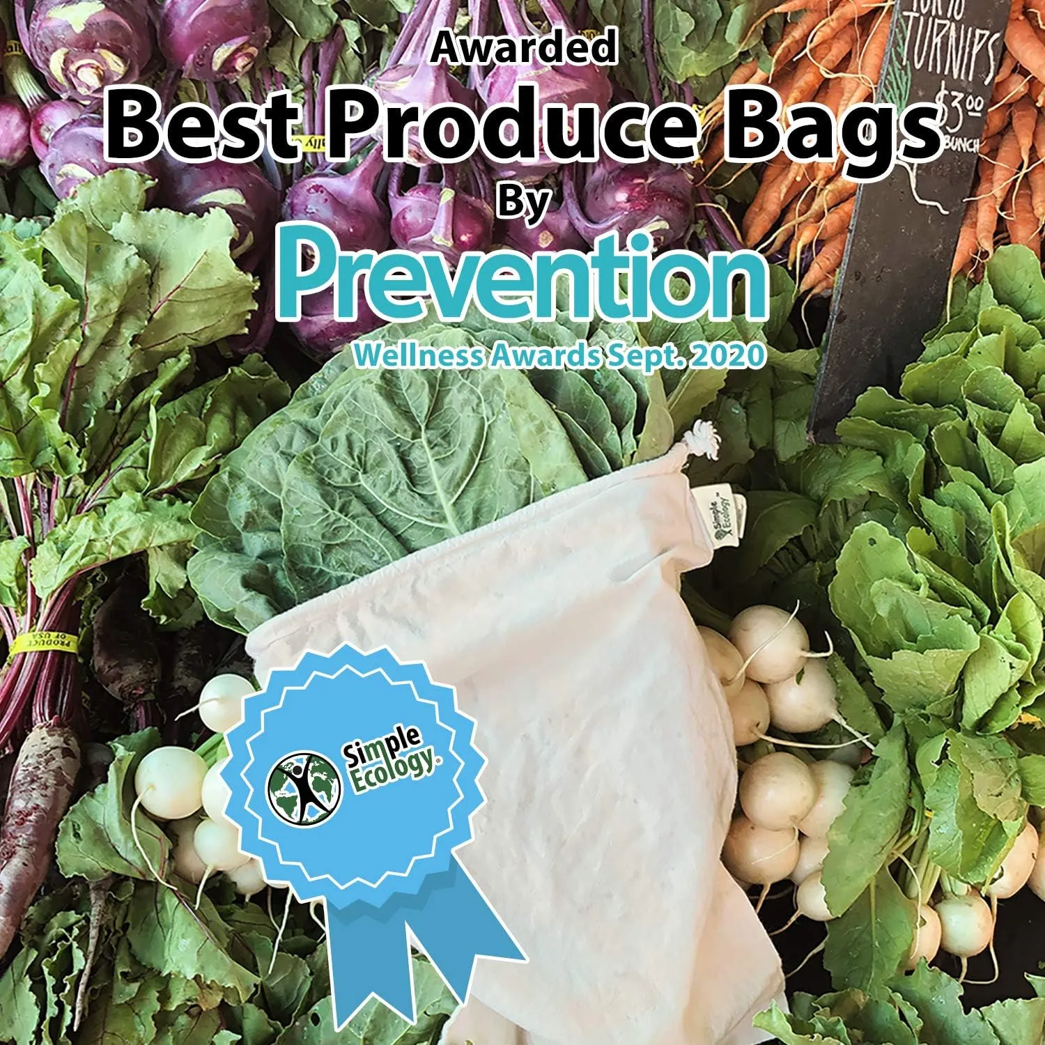 Reusable Grocery Produce Shopping and Storage Bags, Organic Cotton Muslin, Medium 3 pack